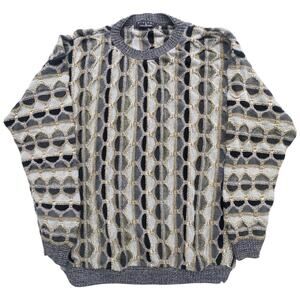 Protege Vintage 3D Knit Coogi Style Sweater Men's L Gray Black Geometric 90s